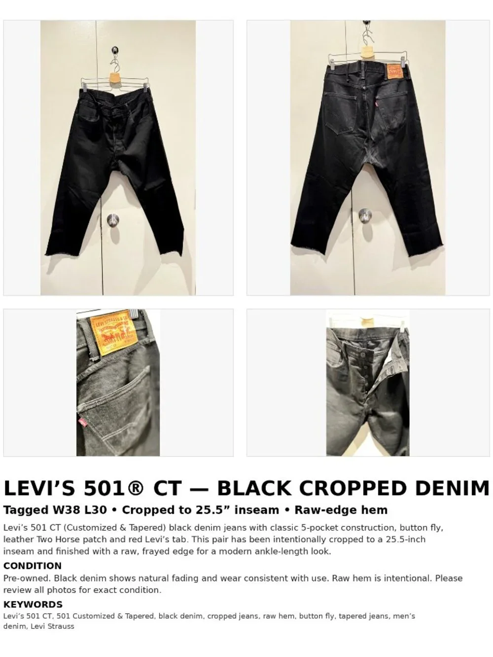 Levi’s 501 CT Black Cropped Jeans W38 L30 Raw Hem Button Fly